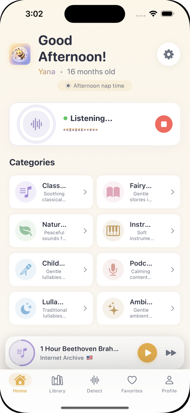 Soothbee app showing the Home screen — Listening for cries with a Categories grid of soothing content